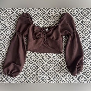 Divided Brown Puff Sleeve Crop Top